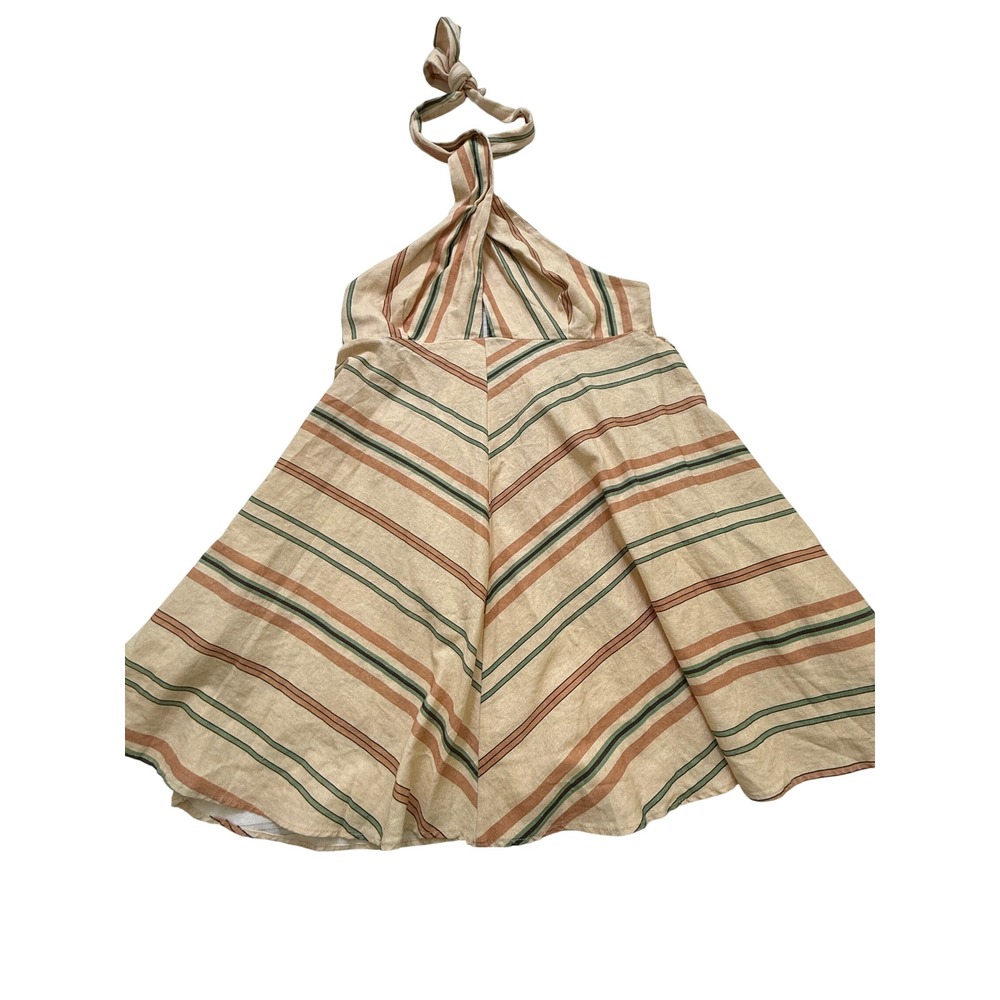Zara Halter Dress Womens Large Beige/Green/Brown Striped Linen Blend NWT